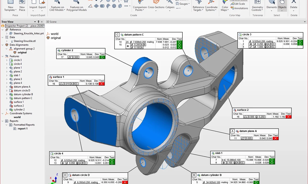 Ambiente gráfico de software de metrologia 3D com controle GD&T e comparação CAD vs. Malha
